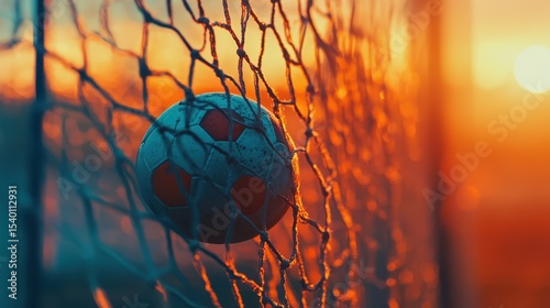 Soccer ball in the goal net on a blurred background