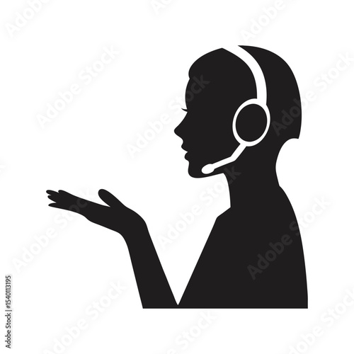 Silhouette of a woman with headphones listening to music, a black vector illustration of a person in profile call center agent with headset silhouette icon