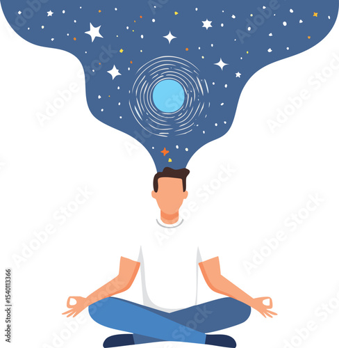 A person sitting cross-legged in meditation, with a cosmic galaxy slowly expanding from the top of their head. Minimalist vector, white background