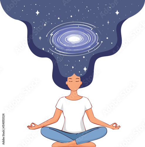 A person sitting cross-legged in meditation, with a cosmic galaxy slowly expanding from the top of their head. Minimalist vector, white background
