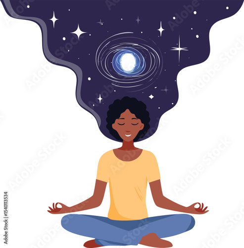 A person sitting cross-legged in meditation, with a cosmic galaxy slowly expanding from the top of their head. Minimalist vector, white background