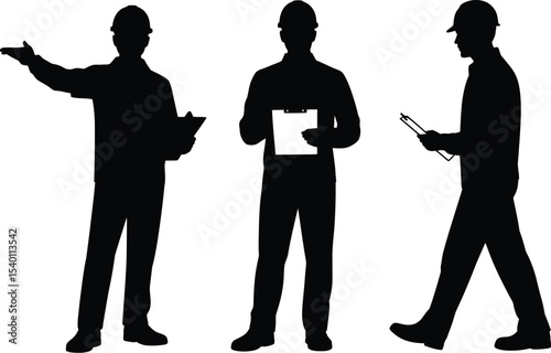 Three construction workers in silhouette holding clipboards and pointing