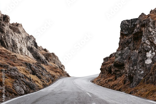 High Quality Image of Driving on a Mountain Pass Isolated on White Background, Depth of Field
