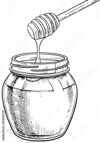 Honey in Jar with Spoon Vector Illustration, Sketch Drawing Line Linear Symbol Icon Engraving Coloring Book, Hand-drawn Black and White Isolated