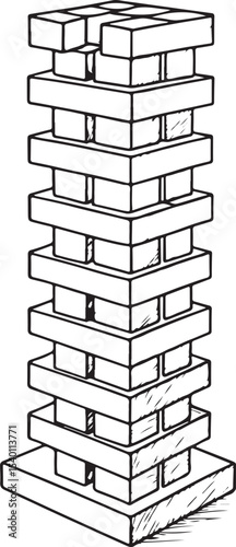 Jenga tower Vector Illustration, Sketch Drawing Line Linear Symbol Icon Engraving Coloring Book, Hand-drawn Black and White Isolated