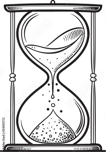 Hourglass Sand Hour Vector Illustration, Sketch Drawing Line Linear Symbol Icon Engraving Coloring Book, Hand-drawn Black and White Isolated