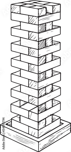 Jenga tower Vector Illustration, Sketch Drawing Line Linear Symbol Icon Engraving Coloring Book, Hand-drawn Black and White Isolated