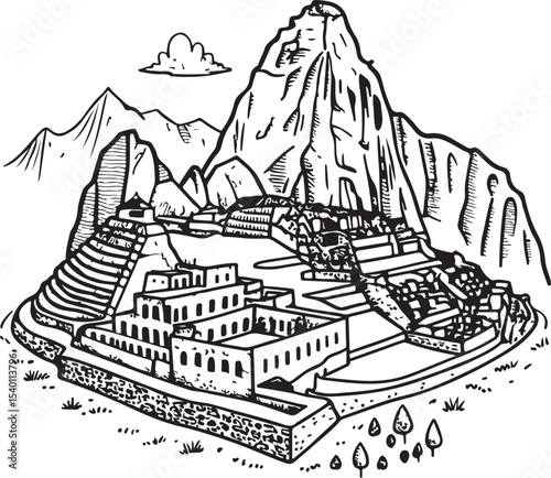 Machu Picchu Vector Illustration, Sketch Drawing Line Linear Symbol Icon Engraving Coloring Book, Hand-drawn Black and White Isolated
