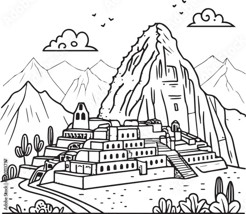 Machu Picchu Vector Illustration, Sketch Drawing Line Linear Symbol Icon Engraving Coloring Book, Hand-drawn Black and White Isolated
