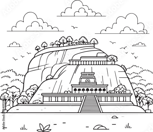 Sigiriya, Sri Lanka Vector Illustration, Sketch Drawing Line Linear Symbol Icon Engraving Coloring Book, Hand-drawn Black and White Isolated