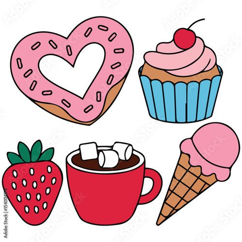 Sweet stickers hand drawn set vector isolated white background