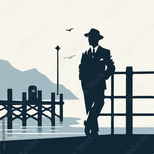 image of a man leaning on a pier with a simple and minimalist flat design using a white background