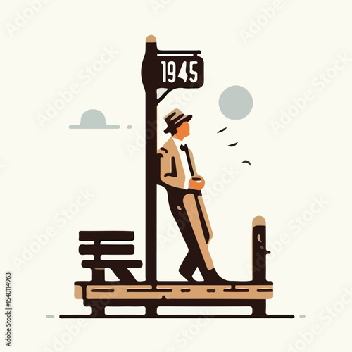 image of a man leaning on a pier with a simple and minimalist flat design using a white background