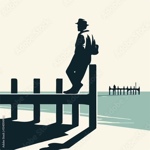 image of a man leaning on a pier with a simple and minimalist flat design using a white background
