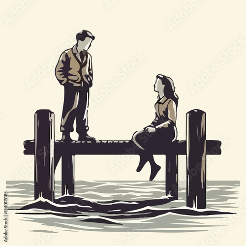 image of a man and woman on the pier with a simple and minimalist flat design using a white background