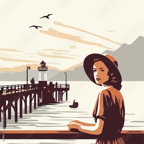image of a woman on the pier with a simple and minimalist flat design using a white background