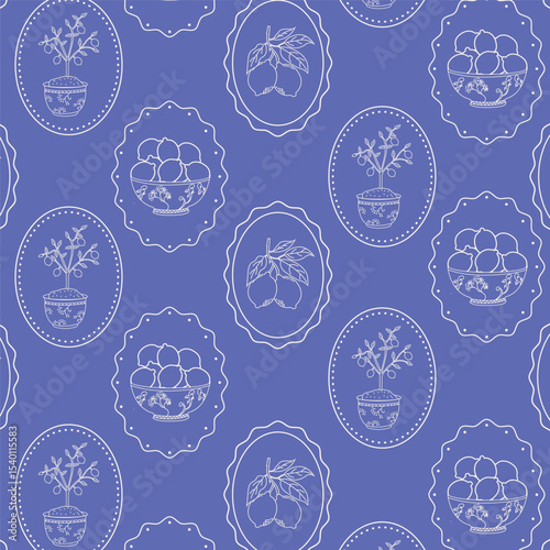 Seamless Mediterranean pattern with hand-drawn lemon, lemon plant and lemon pot in frames. Vintage Amalfi coastal design for kitchen textiles, packaging, and beach decor.