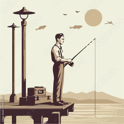 image of a man fishing on a pier with a simple and minimalist flat design using a white background