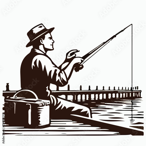 image of a man fishing on a pier with a simple and minimalist flat design using a white background