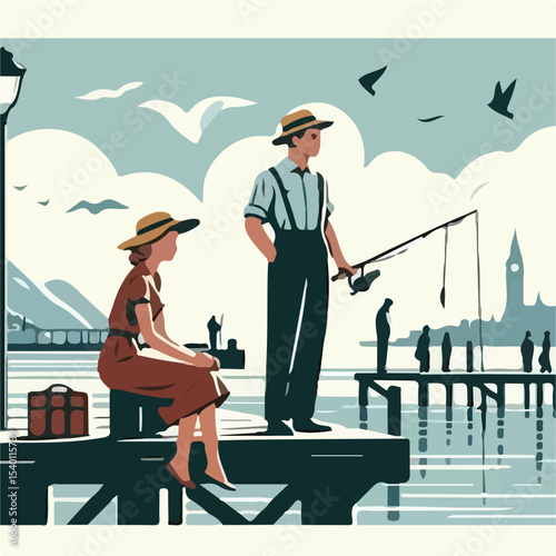 image of a man and woman fishing on a pier with a simple and minimalist flat design using a white background
