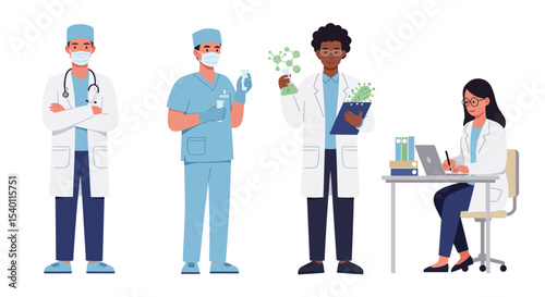 Hospital workers cartoon vector illustration of medical professionals, including doctors and nurses, providing healthcare to people