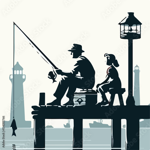 image of a man and woman fishing on a pier with a simple and minimalist flat design using a white background