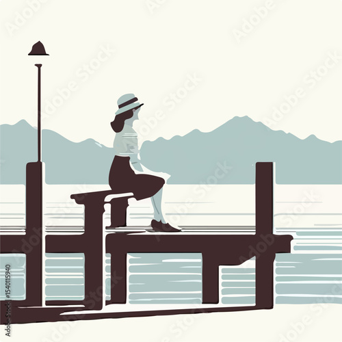 image of a woman sitting on a pier with a simple and minimalist flat design using a white background