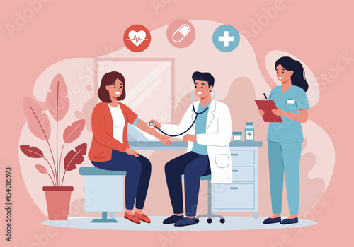 Cartoon vector illustration of doctors, nurses, and patients working together in a hospital room