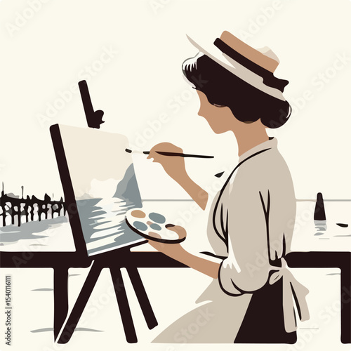 image of a woman painting on a pier with a simple and minimalist flat design using a white background