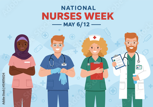 Cartoon vector illustration of a medical team, a smiling group of doctors and nurses, celebrating national nurses week
