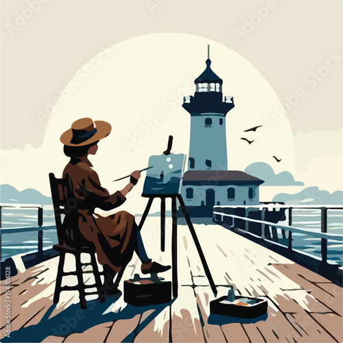image of a woman painting on a pier with a simple and minimalist flat design using a white background