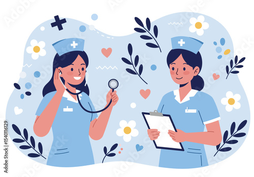 Cartoon vector illustration of a nurse using stethoscopes