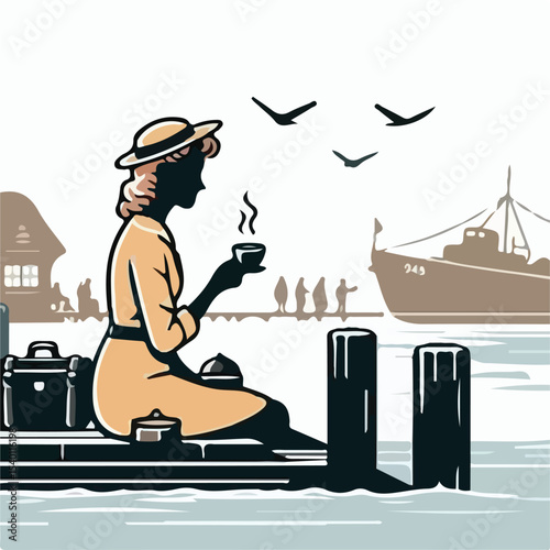 image of a woman drinking coffee on the pier with a simple and minimalist flat design using a white background