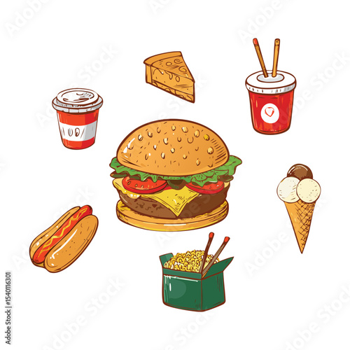 Typical Fast Food Combo Meal Set - Vector Illustration