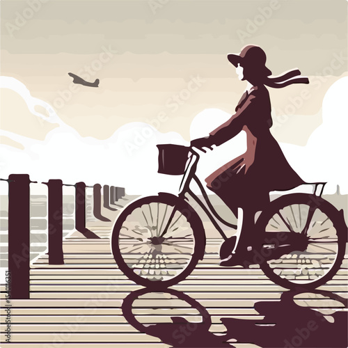image of a woman riding a bicycle on a pier with a simple and minimalist flat design using a white background