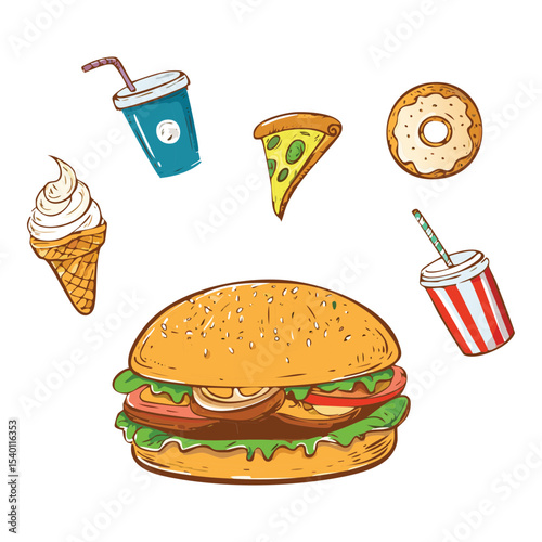 Variety Fast Food Colorful Collection - Vector Illustration