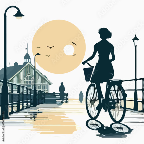 image of a woman riding a bicycle on a pier with a simple and minimalist flat design using a white background