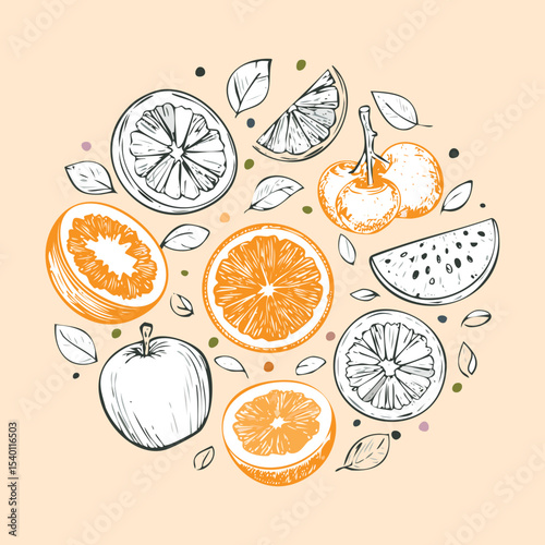 Hand Drawn Citrus Fruits Outline Set - Vector Illustration
