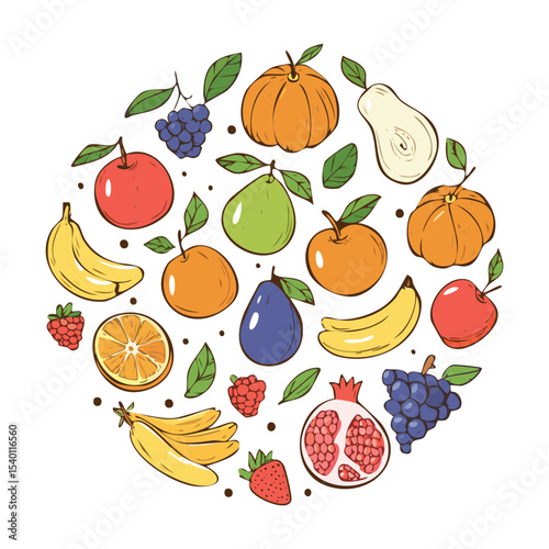 Fresh Fruit Assortment Outline Drawing - Vector Illustration
