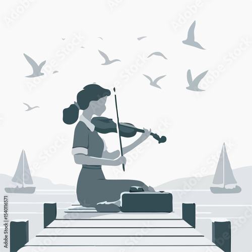 image of a woman playing the violin on a pier with a simple and minimalist flat design using a white background