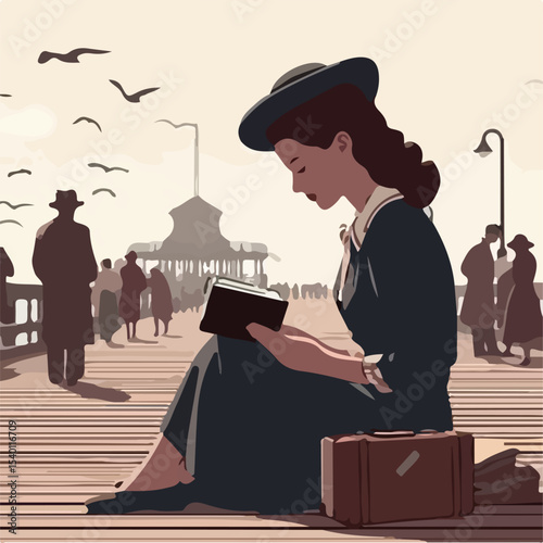 image of a woman reading a book on the pier with a simple and minimalist flat design using a white background
