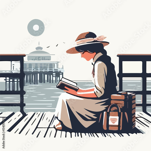 image of a woman reading a book on the pier with a simple and minimalist flat design using a white background