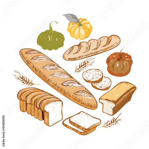 Rustic Bread Vegetable Harvest Mix - Vector Illustration