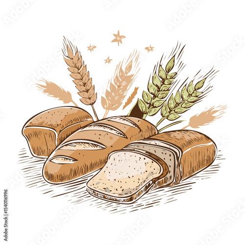 Harvest Bread Loaves Wheat Grain - Vector Illustration