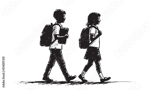 School Children Walking Silhouette Vector Illustration for Education and Childhood Design
