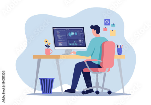 Vector illustration of a young male software engineer working at a computer