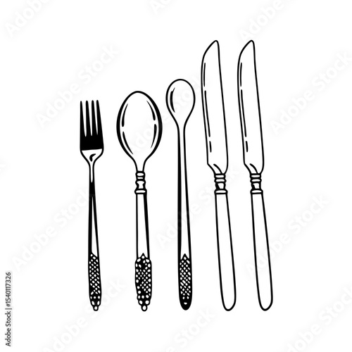 Vector Cutlery Illustration Fork Spoon Knife Black and White Line Art