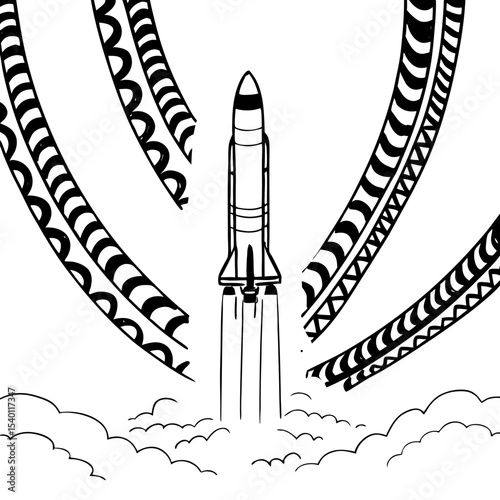 Stylized Rocket Launch Vector Illustration Smoke and Clouds