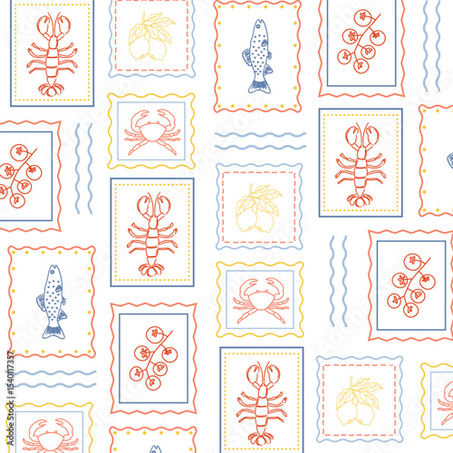 Seamless Mediterranean pattern with hand-drawn lobster, crab, fish, cherry tomato, and lemon in frames. Vintage coastal design for kitchen textiles, packaging, and beach decor.