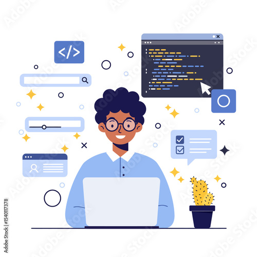 A young software engineer working on coding, vector illustration